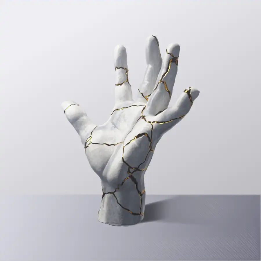 A white sculpture of a hand with vines on it