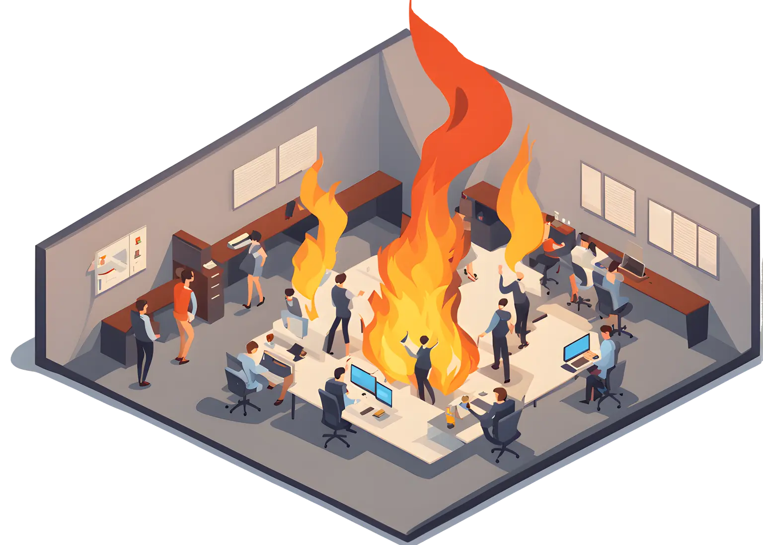 A group of people standing around a fire in an office