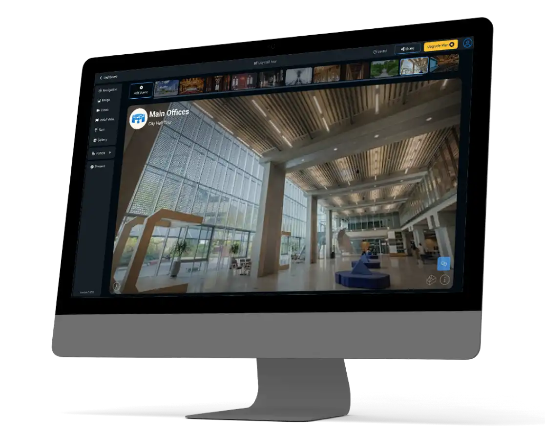 A computer monitor with a picture of a virtual tour creation tool